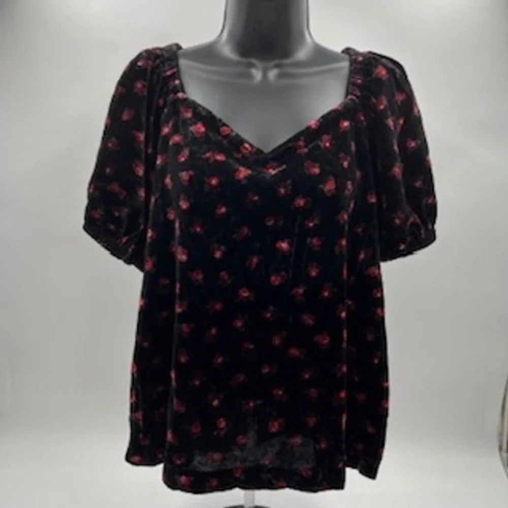 LOFT Womens Black Red Floral Velvet Sweetheart Puff Sleeve Blouse Top Small‎